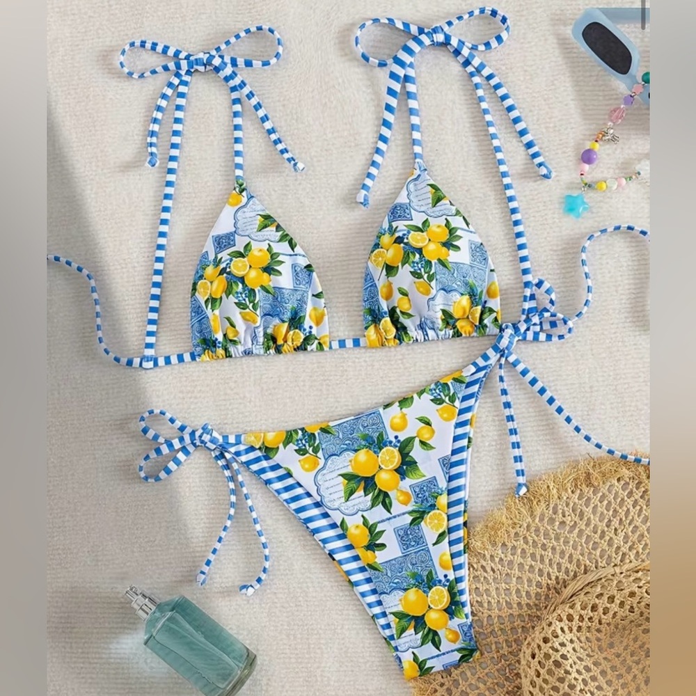 Lemon Print Triangle Side Tie Bikini Set - Picture 5 of 11